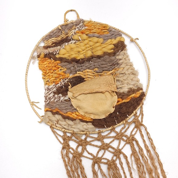 Vintage Woven Dream Catcher Art Bohemian BOHO Wall Hanging Leather Wool